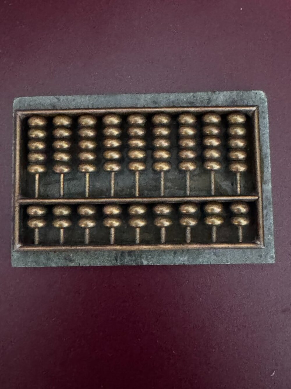 Abacus, Brass and Green Marble Mini 9-Rod 63 Beads, Vintage Circa 1970s-1980s